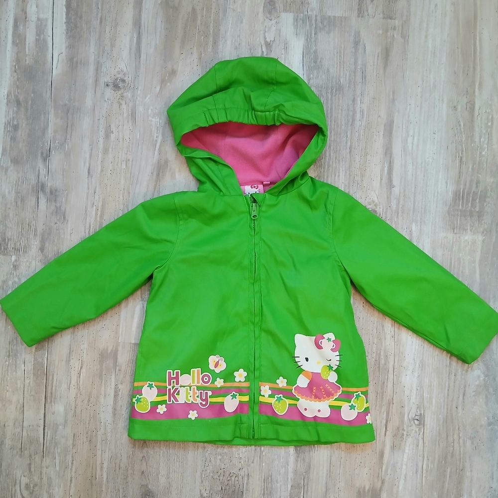 Hello Kitty Girls Green Fruit Print Hooded Jacket Size 3 Ruffle Back, Soft Liner